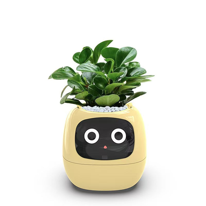EMOKO smart pet planter robot in yellow with green plant and digital face display