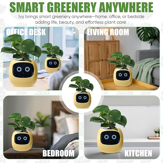 EMOKO smart pet planter robot shown with green plants on office desk living room bedroom and kitchen