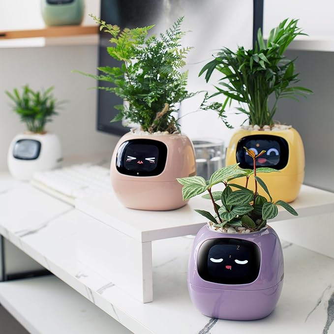 EMOKO smart pet planter robot in pastel colors with animated faces and green plants on a white desk