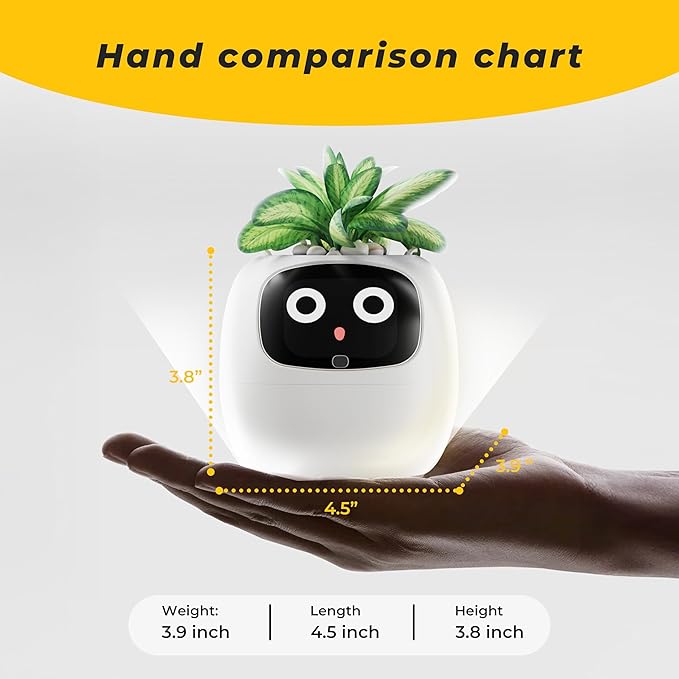 EMOKO smart pet planter robot held in hand showing size with green plant on top and digital face display