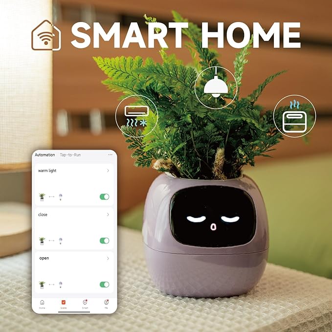 EMOKO smart pet planter robot in lavender with green plant and smart home control app on phone