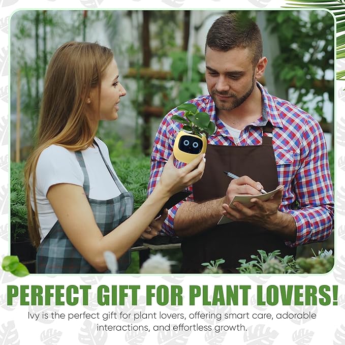 EMOKO smart pet planter robot held by woman as man takes notes in greenhouse for plant care