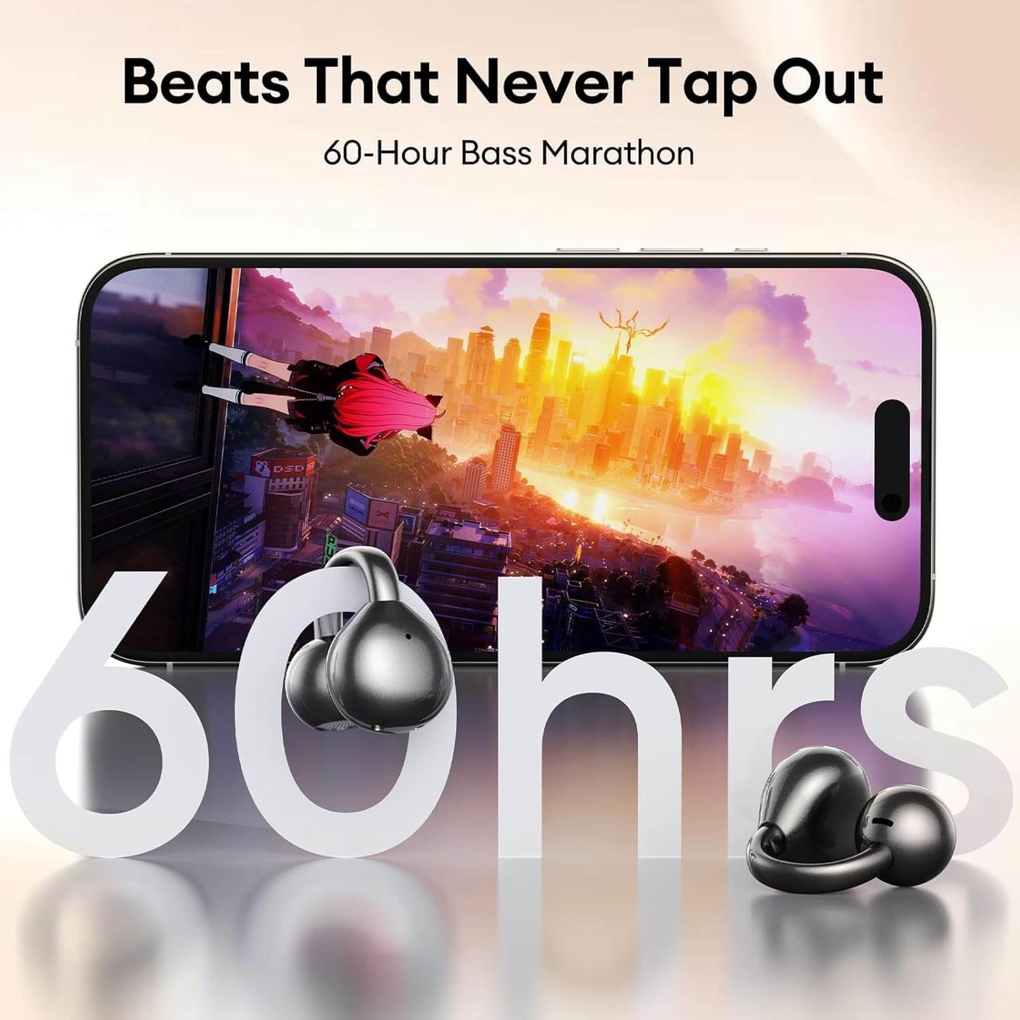 SMILESWAY clip on ear headphones wireless with 60-hour bass marathon displayed next to a smartphone