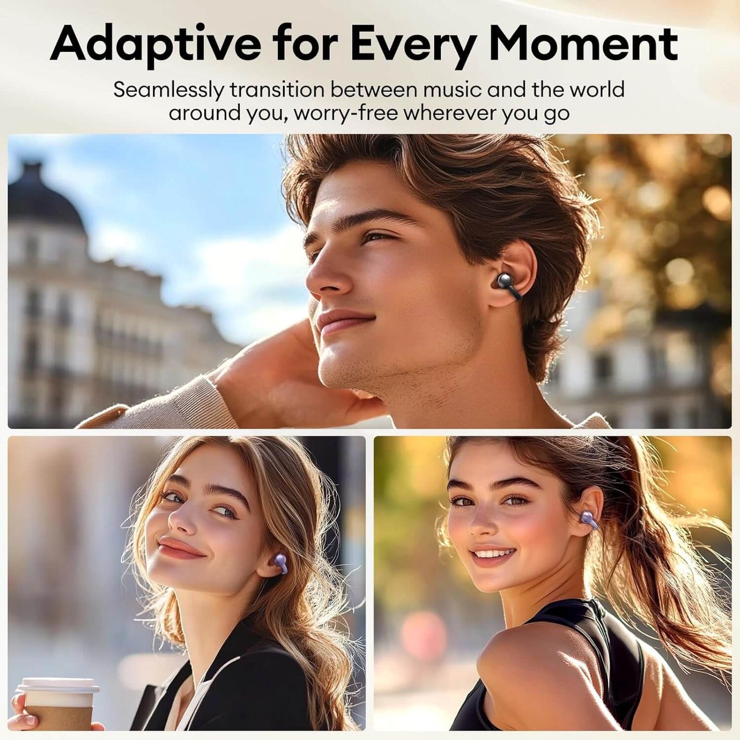 SMILESWAY clip on ear headphones wireless shown worn by diverse young adults outdoors in various settings