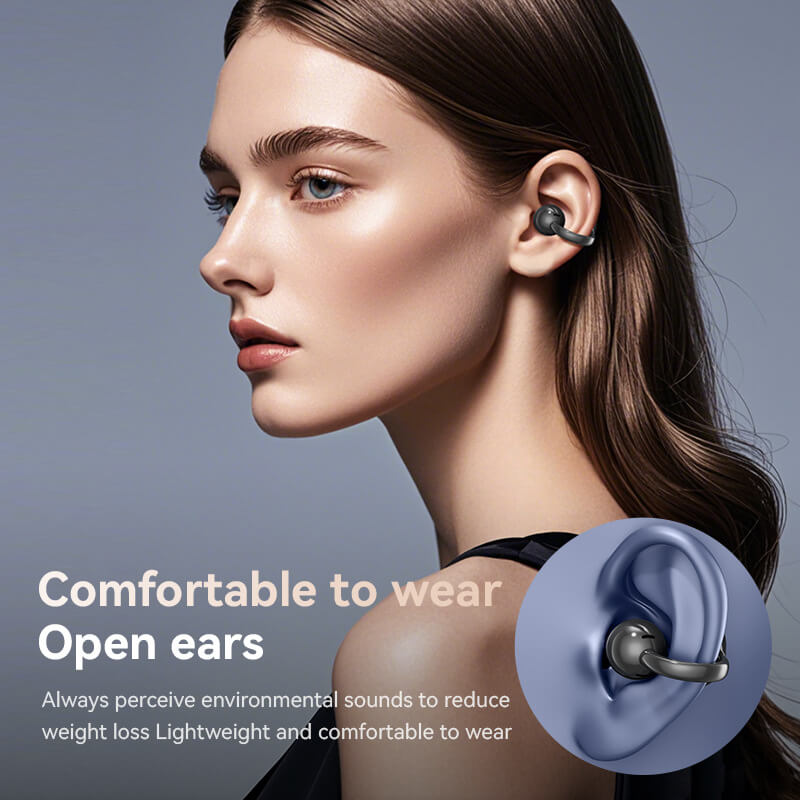 SMILESWAY clip on ear headphones wireless shown on woman with lightweight comfortable design