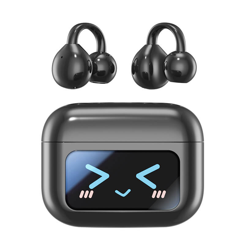 SMILESWAY clip on ear headphones wireless in black with compact charging case and cute digital display