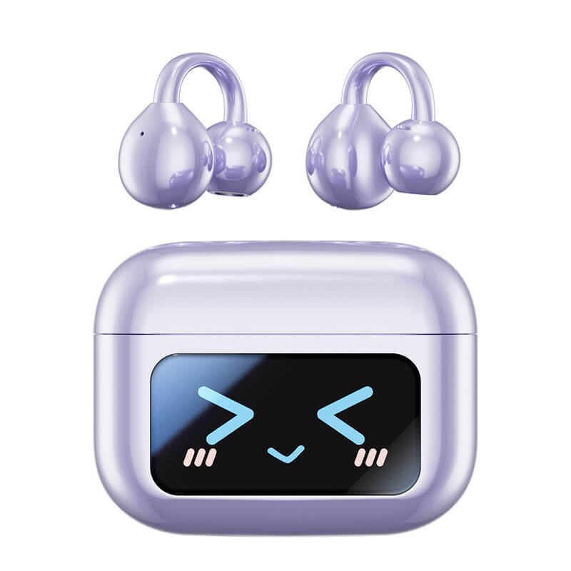 SMILESWAY clip on ear headphones wireless in purple with compact charging case and cute display