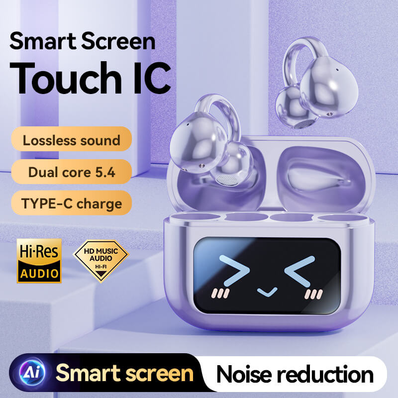 SMILESWAY clip on ear headphones wireless with smart screen, touch IC, noise reduction, and Type-C charging