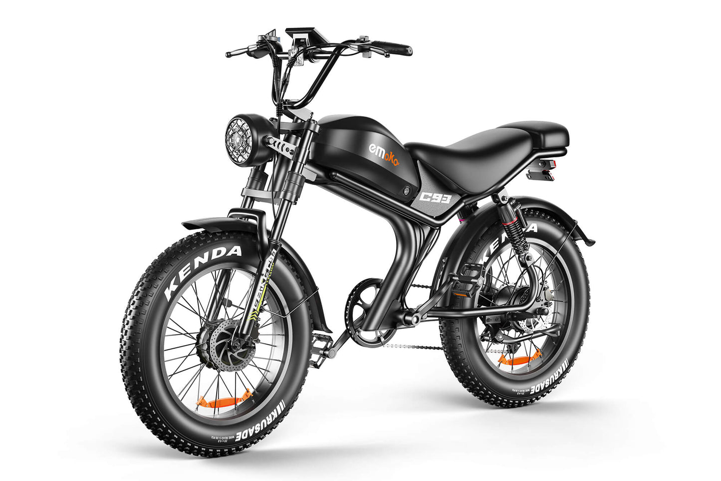 Emoko off-road fat tire electric bicycle in black with sturdy frame and large Kenda tires