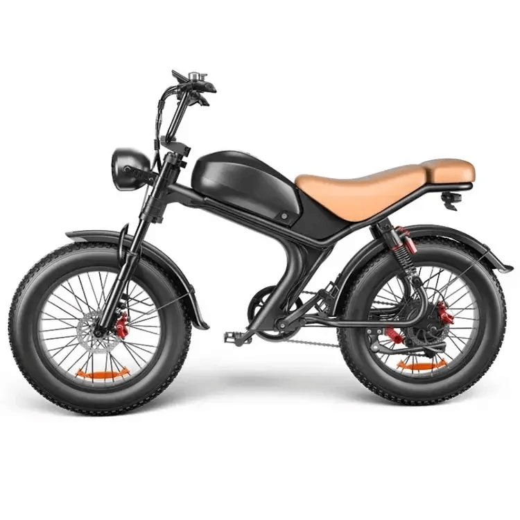 Emoko off-road fat tire electric bicycle with black frame and tan seat for rugged terrain