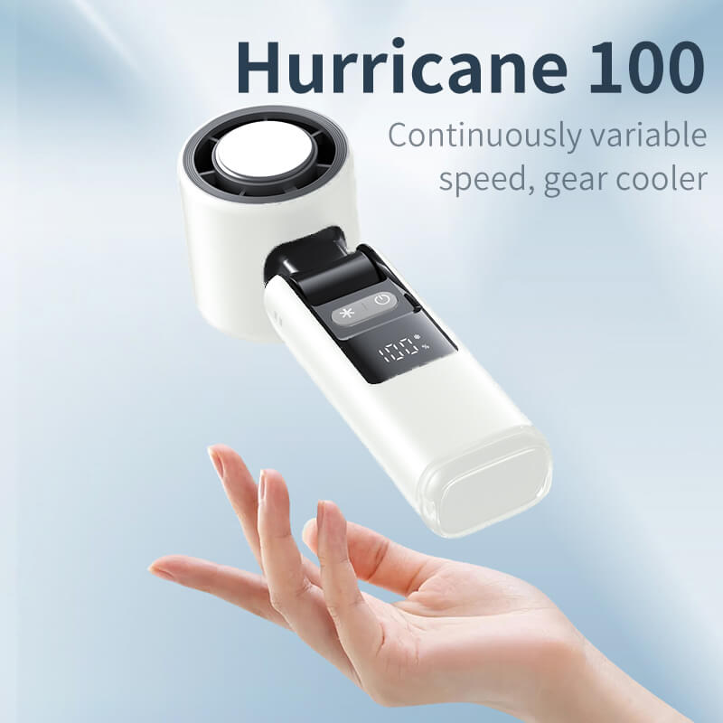 SMILESWAY Hurricane 100 portable USB cold fan with variable speed and gear cooler held above hand