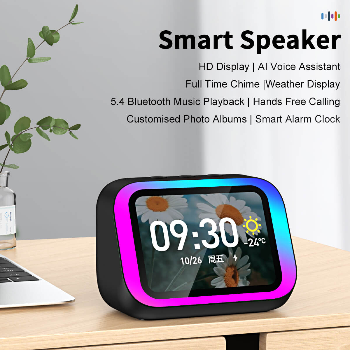 EMOKO smart Bluetooth speaker with HD display voice assistant and weather display on desk