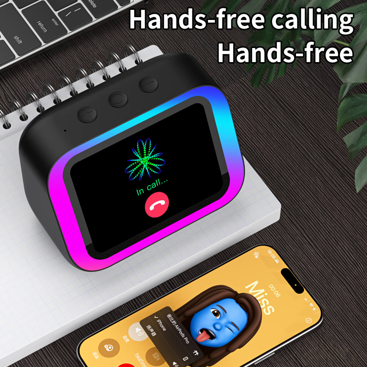 EMOKO smart Bluetooth speaker with colorful LED display and hands-free calling feature next to smartphone