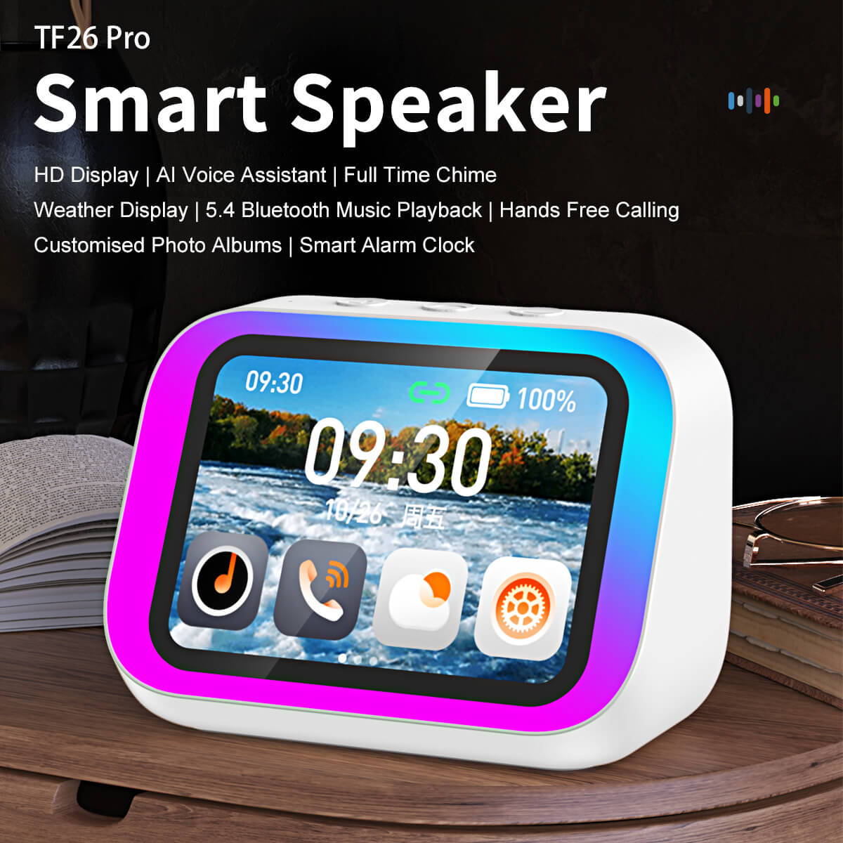 EMOKO smart Bluetooth speaker with HD display, AI voice assistant, and customizable photo albums