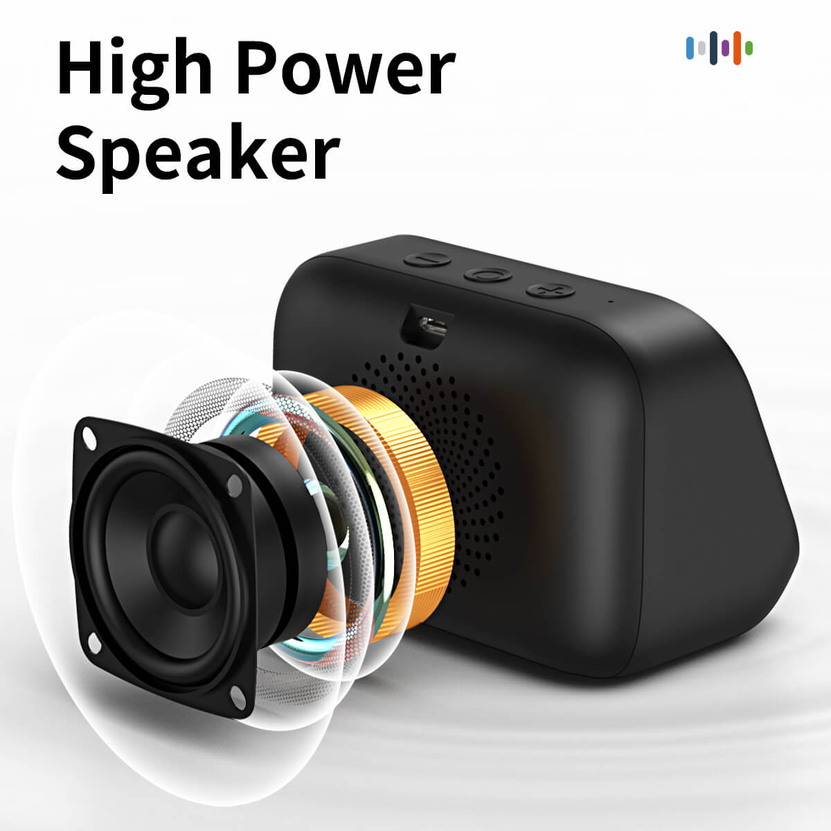 EMOKO smart Bluetooth speaker with high power and detailed speaker component design in black