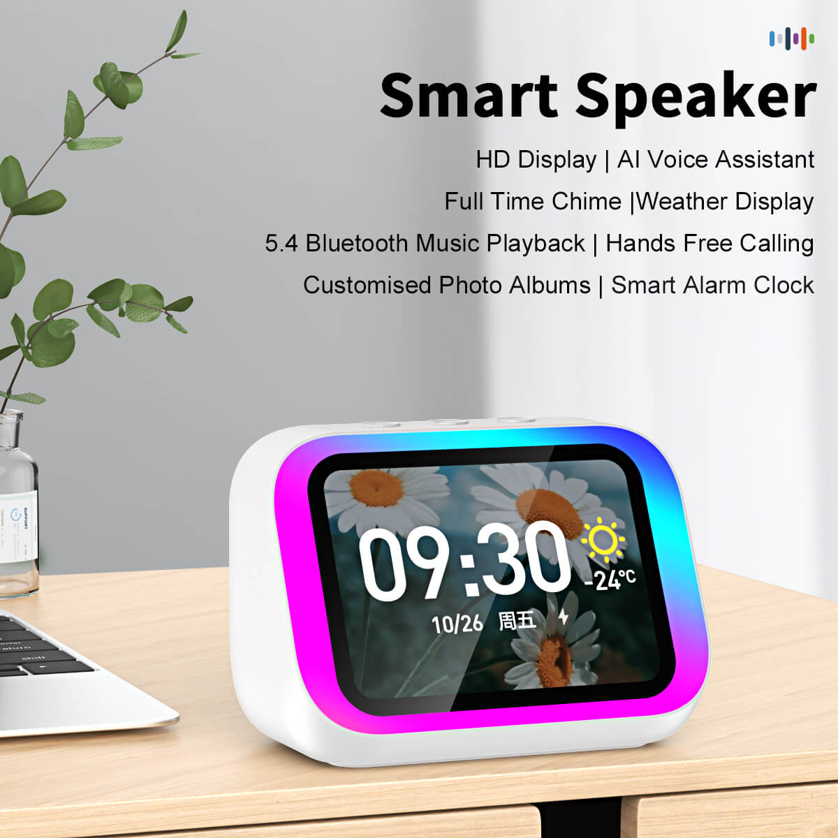 EMOKO smart Bluetooth speaker with HD display and colorful LED frame on wooden desk