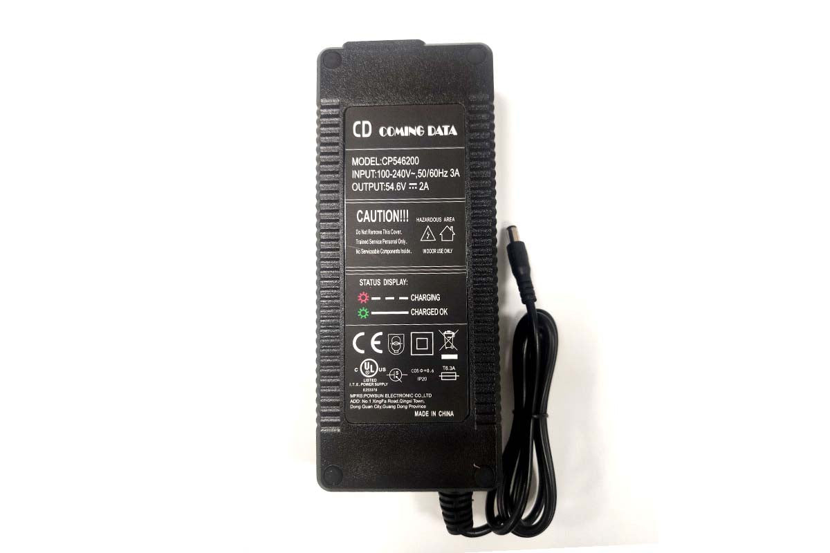 Emoko black fast charger for e-bike battery with power cable and safety labels