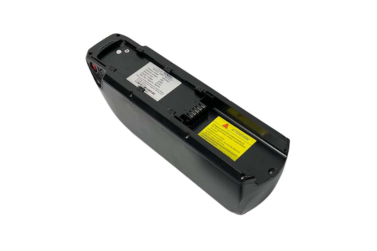 Emoko electric bike 48v battery in black with warning label and connector port