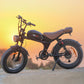 Emoko off-road fat tire electric bicycle in black with brown seat parked at sunset on a dirt path