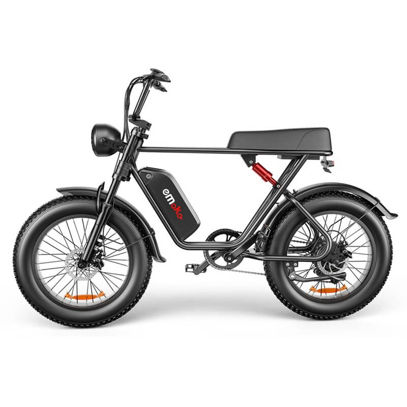 Emoko powerful electric commuter bike with fat tires and long padded seat in black