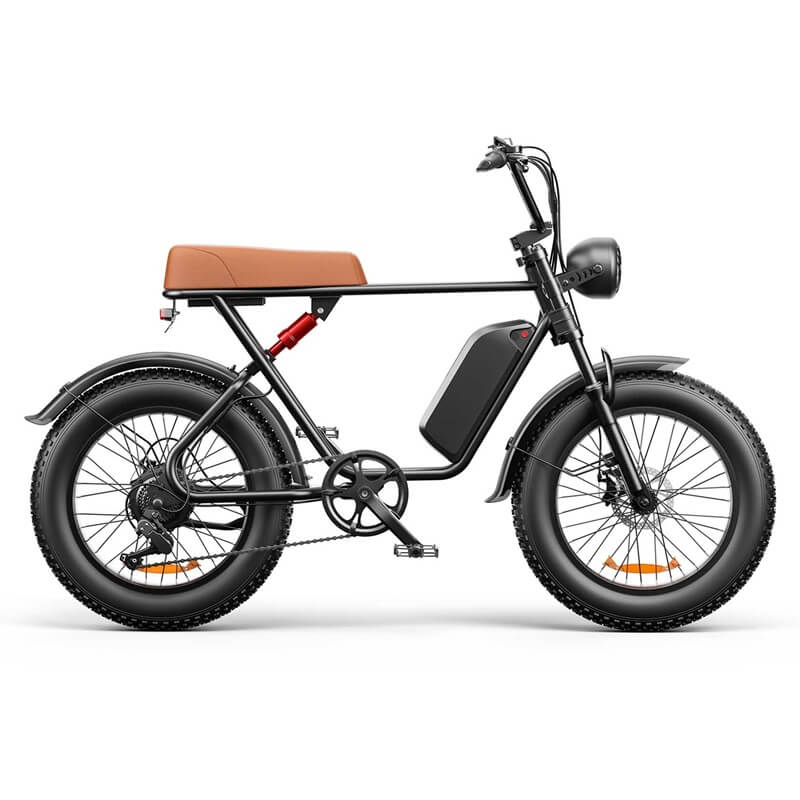 Emoko powerful electric commuter bike with black frame and brown seat featuring fat tires and front headlight