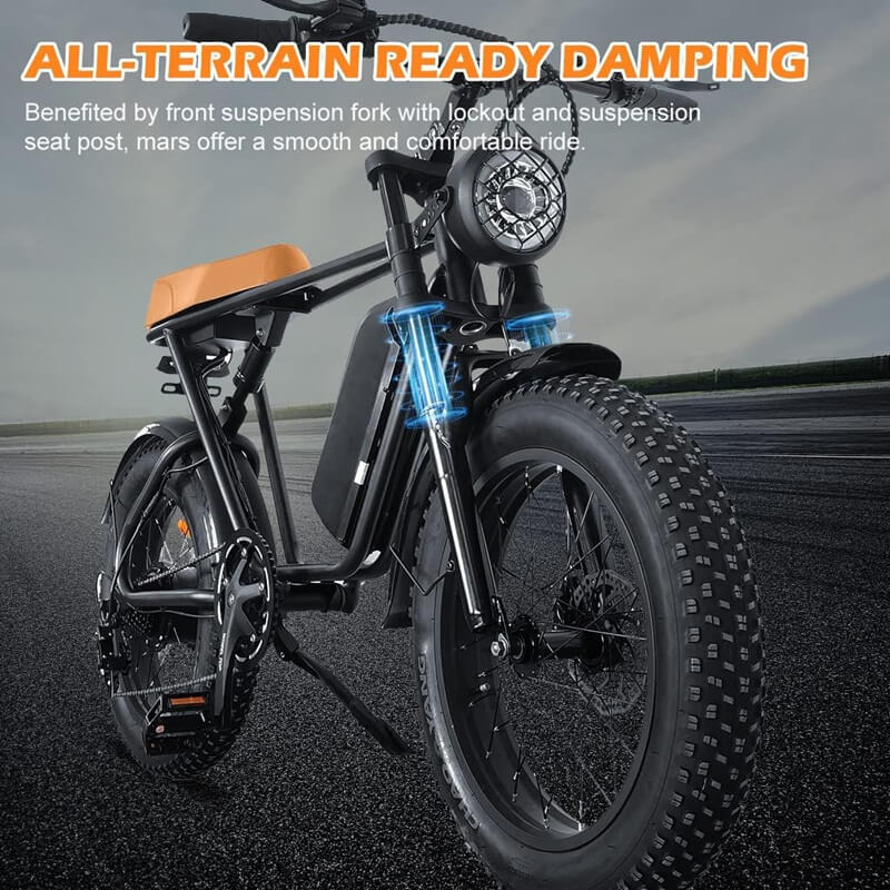 Emoko powerful electric commuter bike with all-terrain ready damping and front suspension fork