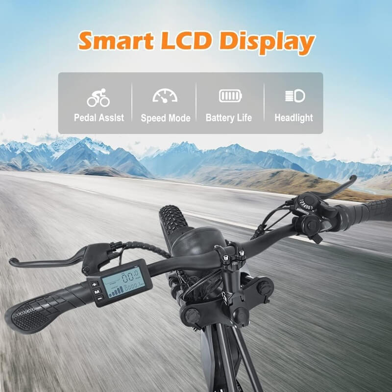Emoko powerful electric commuter bike handlebars with smart LCD display showing pedal assist speed mode battery life and headlight