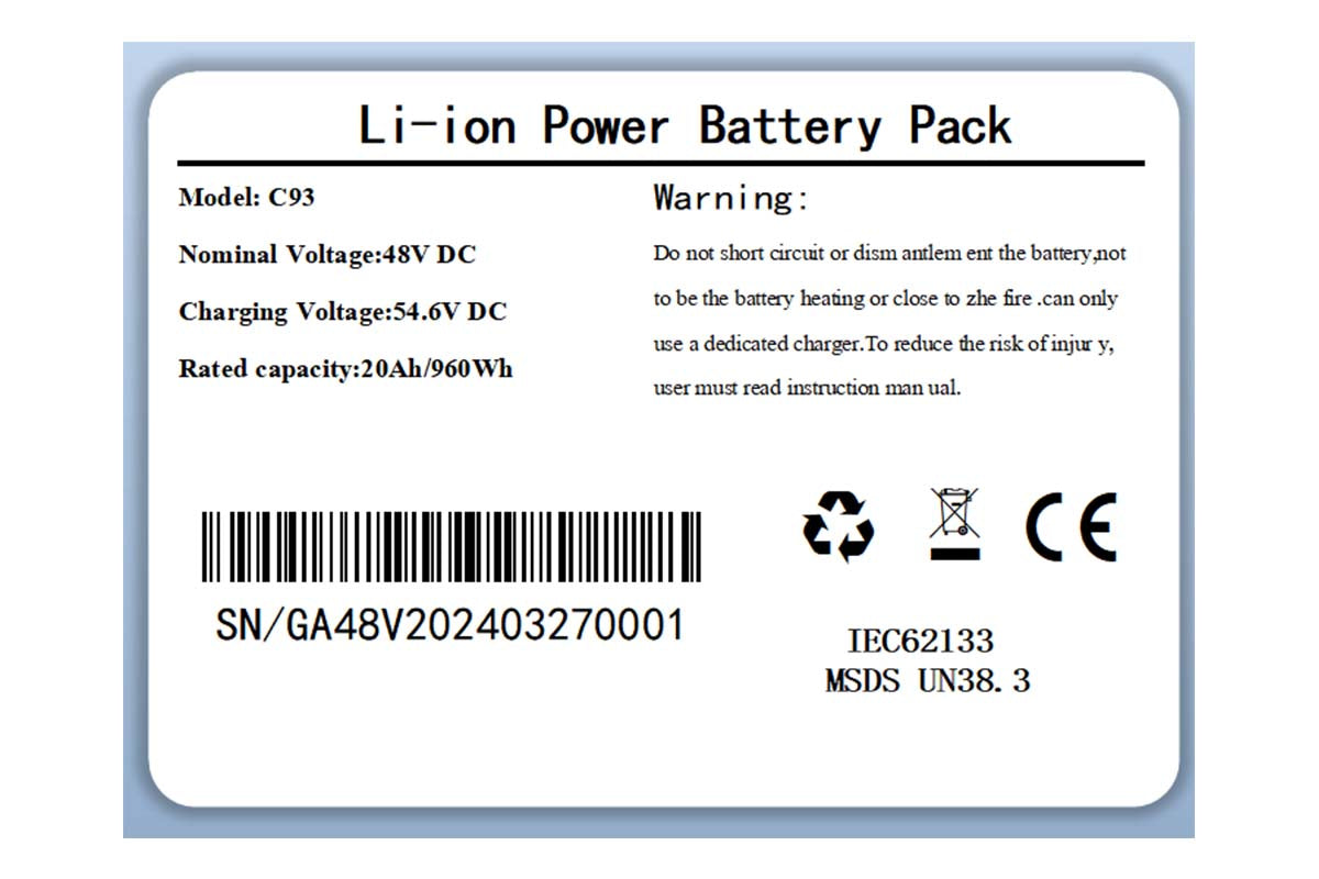 Emoko 48V 20ah electric bike battery label showing voltage capacity and safety warnings