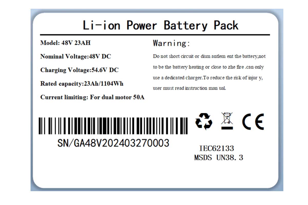 Emoko 48V 20ah electric bike battery label with voltage and safety information