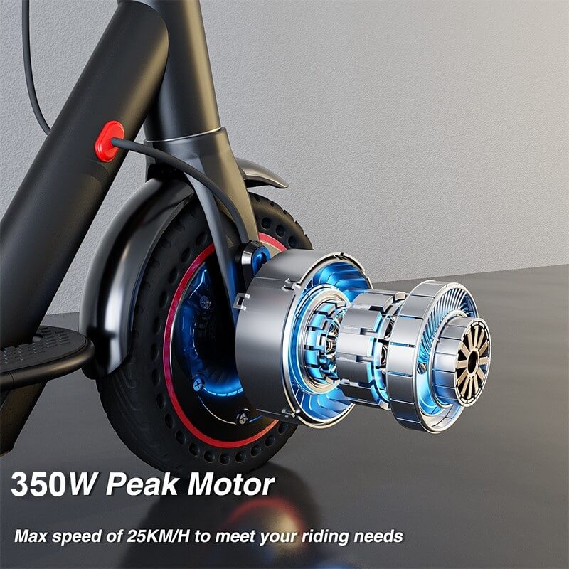 EMOKO electric scooter front wheel showing 350W peak motor for long range commuter e scooter