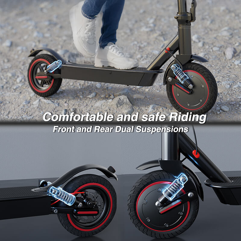 EMOKO long range commuter e scooter showing front and rear dual suspensions for comfortable riding