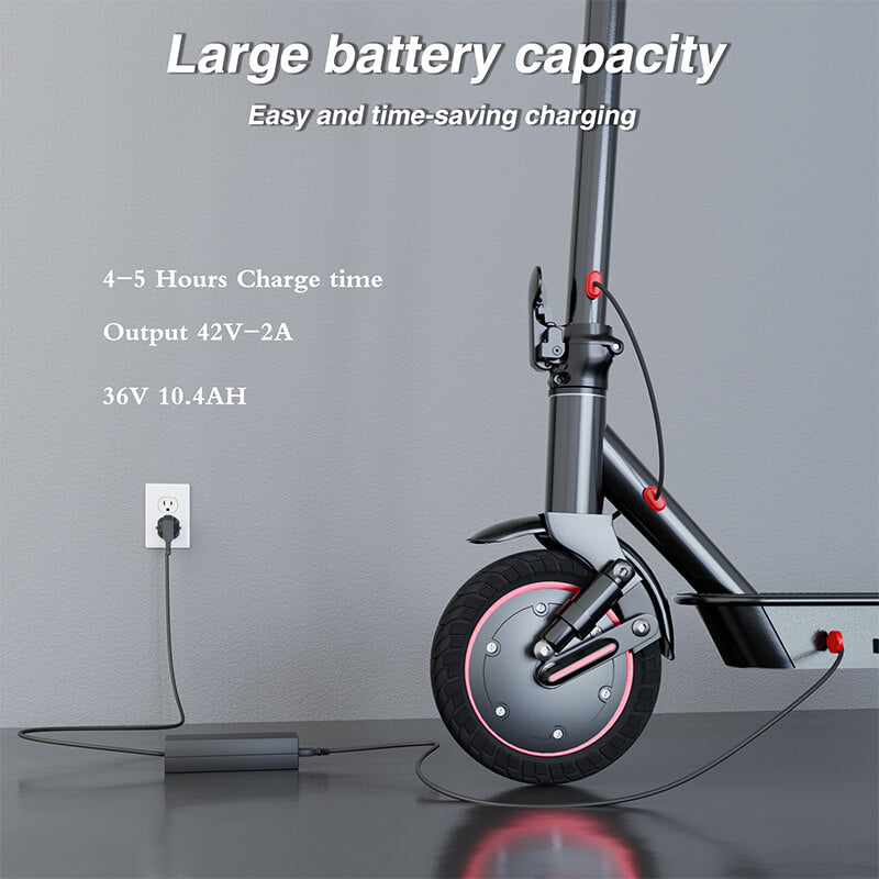 EMOKO long range commuter e scooter showing large battery charging with emphasis on fast 4 to 5 hour charge time