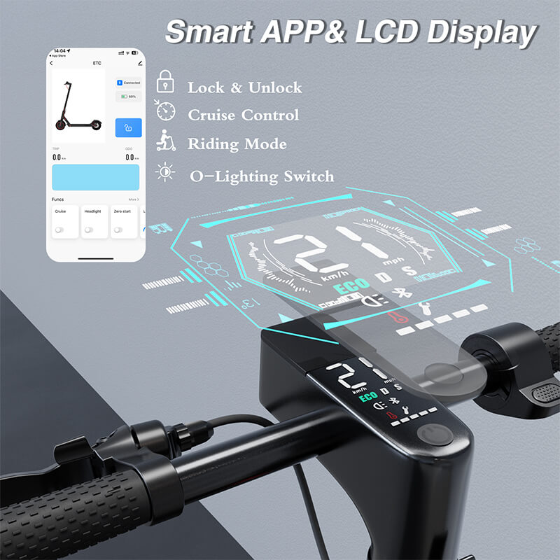 EMOKO long range commuter e scooter handlebar with smart app and LCD display showing speed and controls