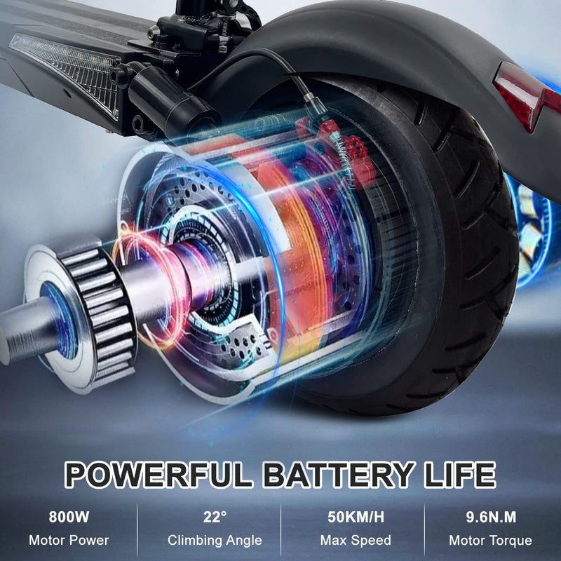EMOKO portable commuter electric scooter rear wheel motor showing powerful battery life and performance details
