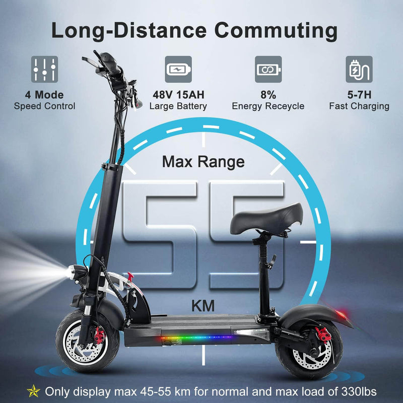 EMOKO portable commuter electric scooter with 48V battery, 55 km max range, and long-distance commuting features