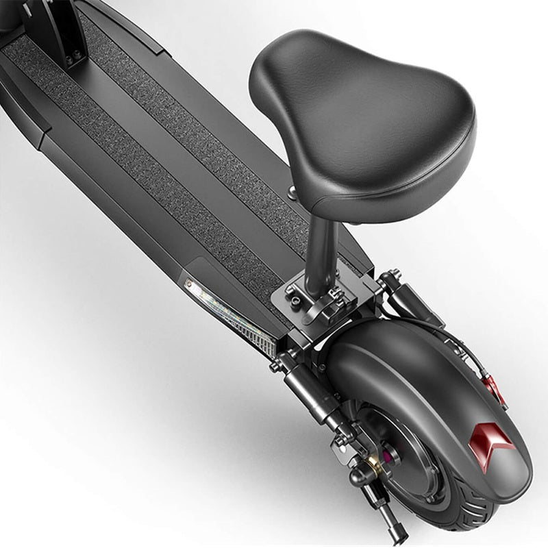 EMOKO portable commuter electric scooter featuring a comfortable padded seat and sturdy rear wheel