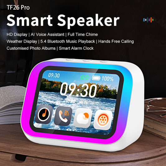 EMOKO smart Bluetooth speaker with HD display, AI voice assistant, and customizable photo albums