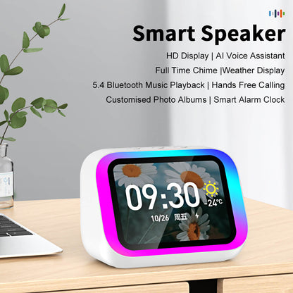 EMOKO smart Bluetooth speaker with HD display and colorful LED frame on wooden desk