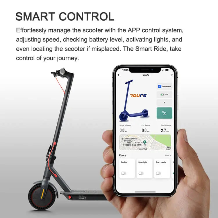 Emoko electric scooter with smart control app showing speed, battery, and location features